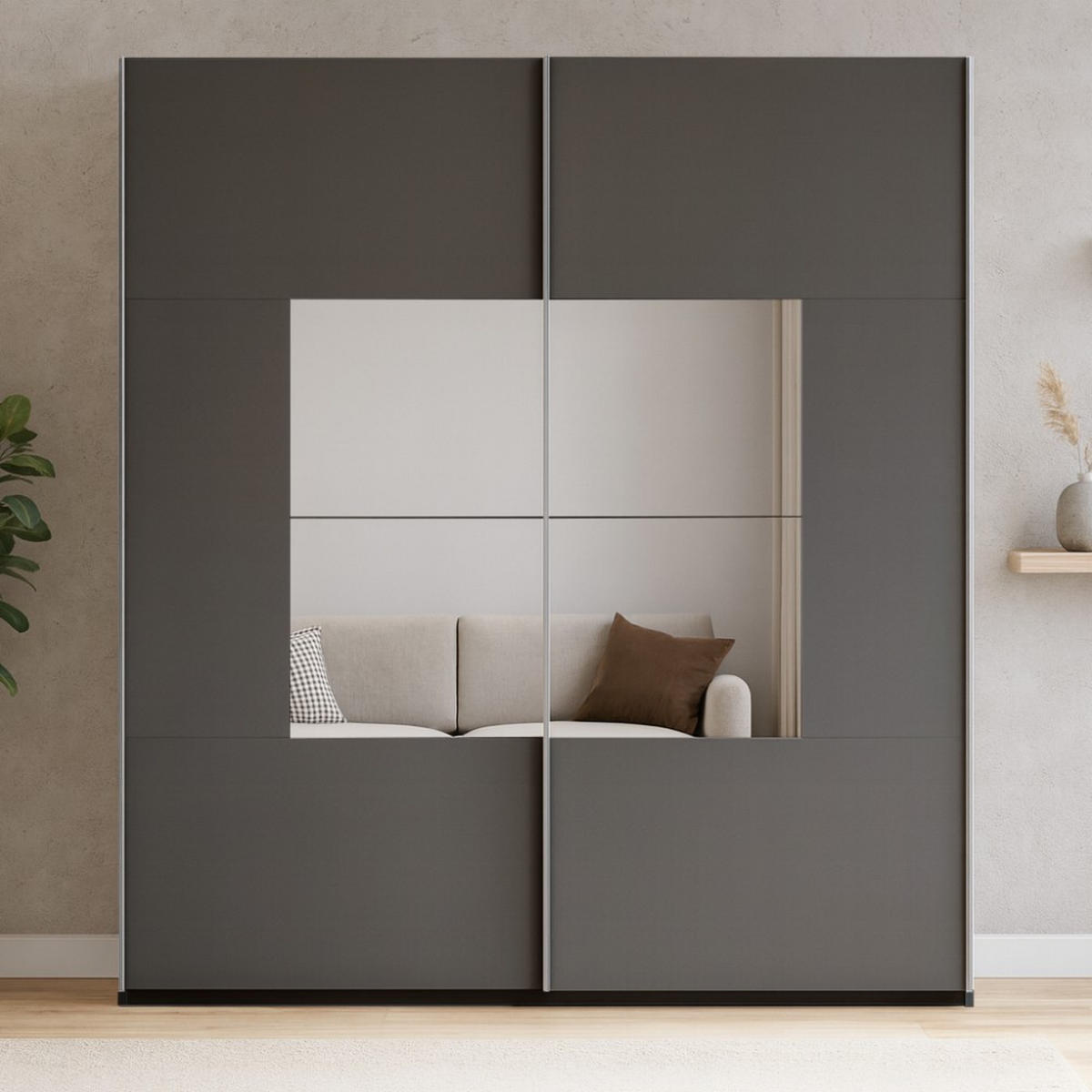 SCHWEBETÜRENSCHRANK Brooklyn mit 2 Türen und Spiegel, graphitfarben, 203 cm - Graphitfarben, Holzwerkstoff (203/215/65cm) - Beautysofa