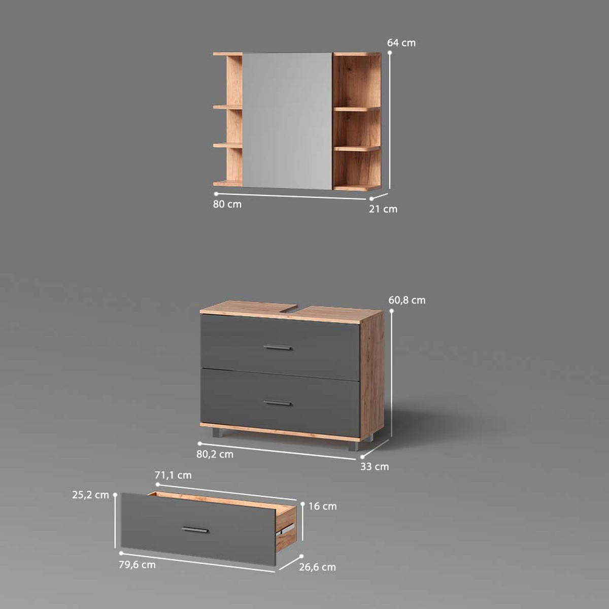BADMÖBEL-SET Eisak Anthrazit/Goldkraft Eiche 2 Teile, Unterschrank 80 cm - Honigeiche/Anthrazit, Holzwerkstoff (80/60/33cm) - Livinity®