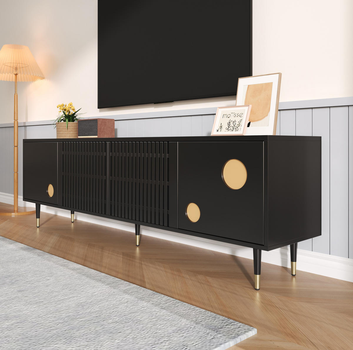 TV-SCHRANK aus MDF 170x36x54 cm Schwarz mit Kabelmanagement, 4 Türen und verstellbaren Füßen - Schwarz, Holzwerkstoff (170/54/36cm) - Modfu