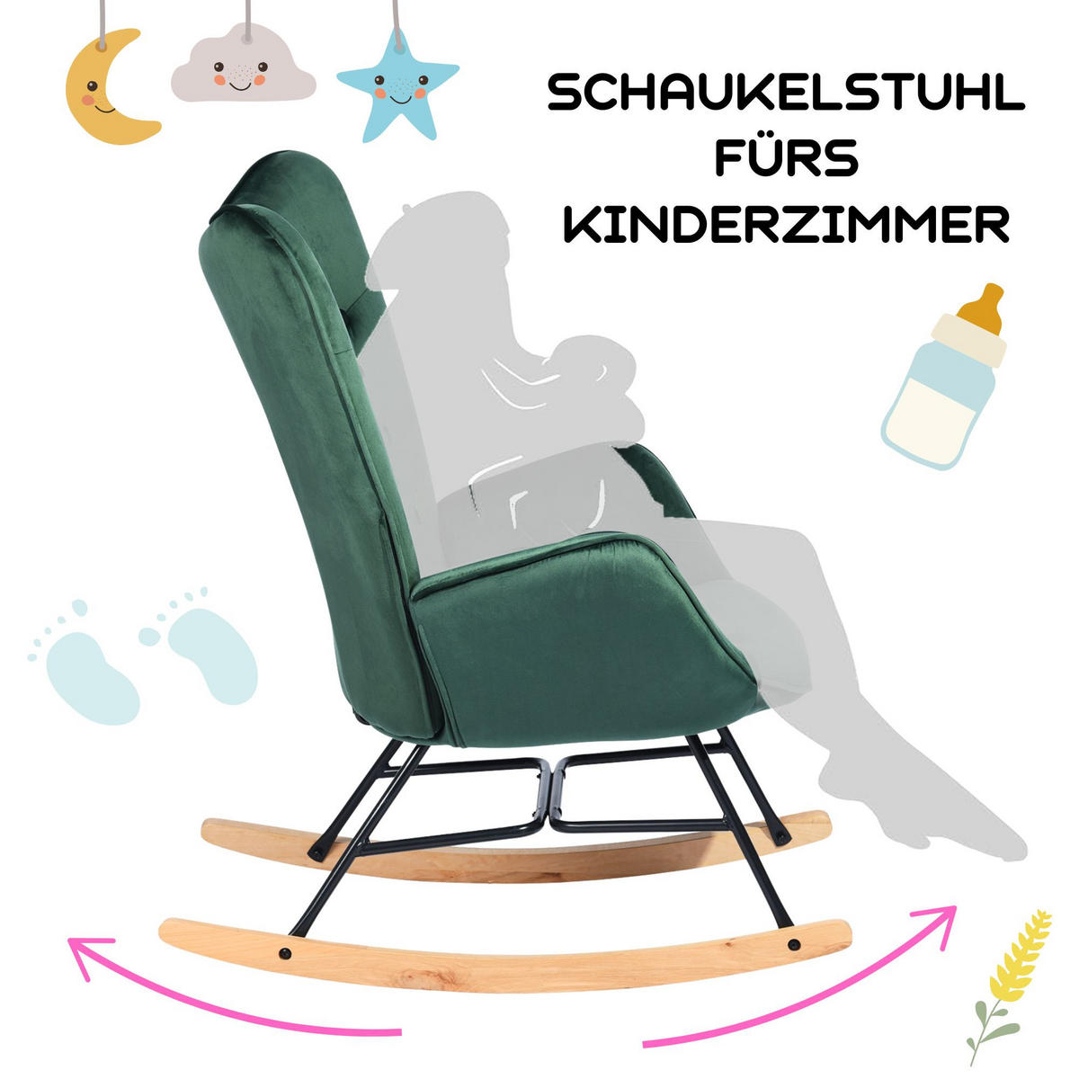 SCHAUKELSESSEL Samt Grün - Dunkelgrün/Eichefarben, Holz/Holzwerkstoff (68/98/85cm) - Urban Meuble