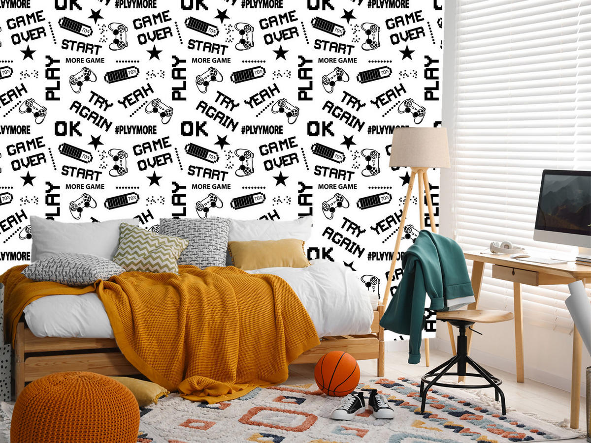 VLIESTAPETE Gaming-Schriftzüge Game Over – Schwarz, Weiß – 50x1000 cm - Schwarz/Weiß, Papier (50/1000cm) - Muralo