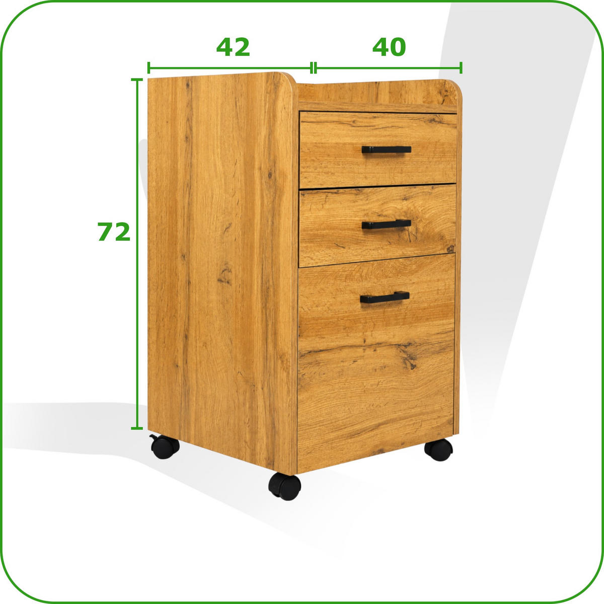 ROLLCONTAINER Holzwerkstoff Eiche Büroschrank 40 x 42 x 72 cm 3 Schubladen auf Rollen - Eichefarben/Schwarz, Holzwerkstoff (42/72/40cm) - Begryf