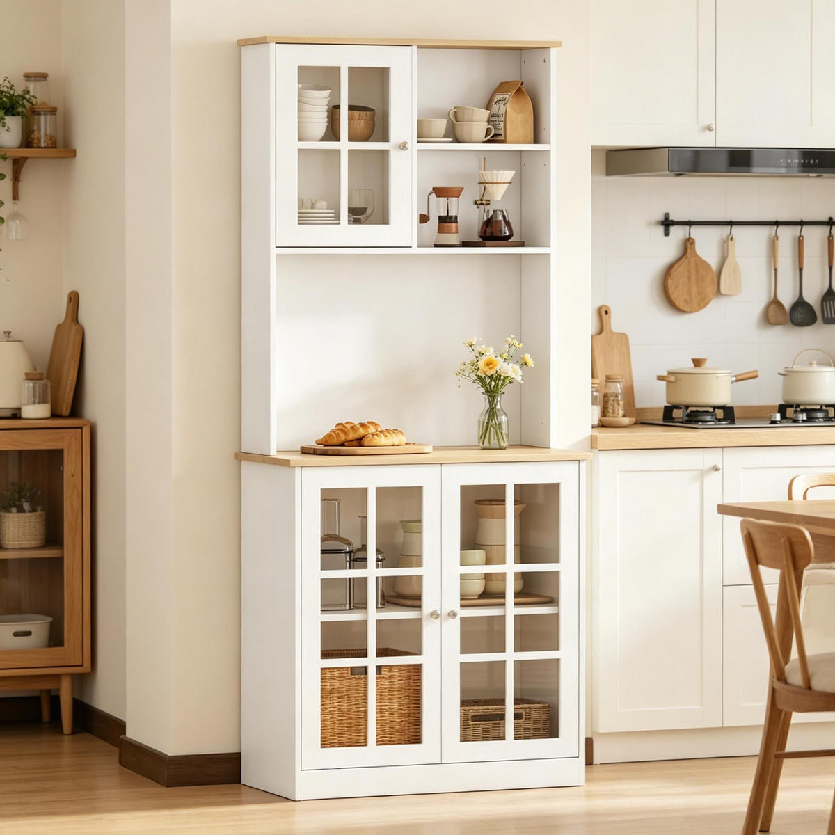 BUFFET DE-38812 80/37/183 cm, Glastüren und Arbeitsplatte Weiß - Weiß, Holzwerkstoff (80/183/37cm) - ComfortXL