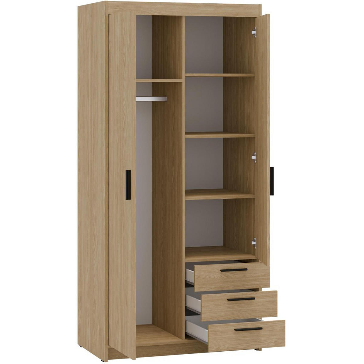 DREHTÜRENSCHRANK Elena mit 2 Türen und 3 Schubladen, mit Spiegel Eiche Geölt - Eichefarben, Holzwerkstoff (90/190/53cm) - Beautysofa