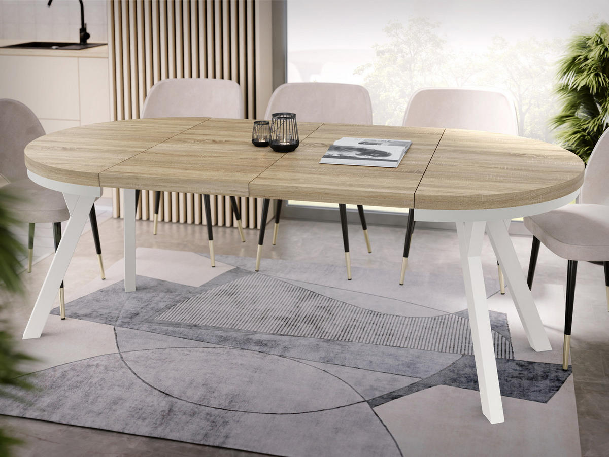 ESSTISCH Lume Weiß runder ausziehbarer, Sonoma Eiche 90-170/90/76 cm - Weiß/Sonoma Eiche, Holz/Holzwerkstoff (90/90/76cm) - WFL GROUP