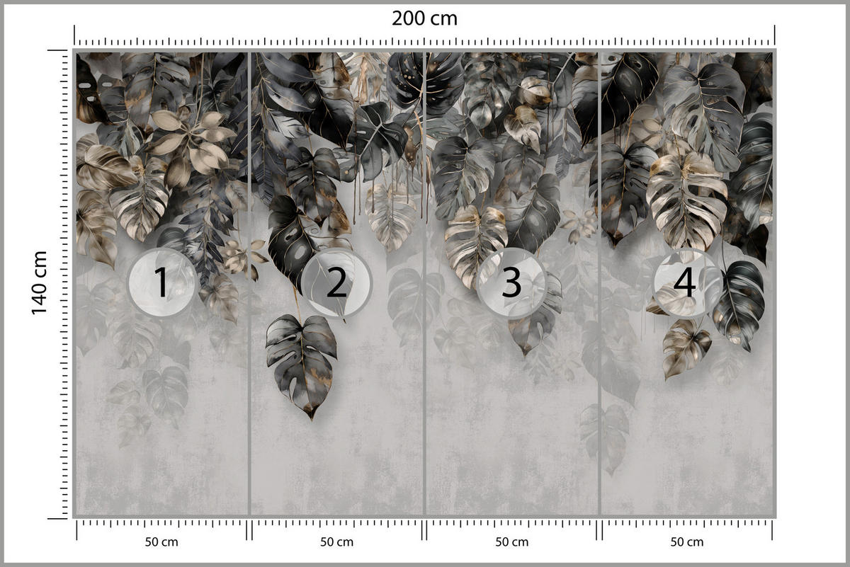 FOTOTAPETE für Wohnzimme Tropenblätter Beton Monstera 200x140 - Gelb/Schwarz, Papier (200/140cm) - Muralo