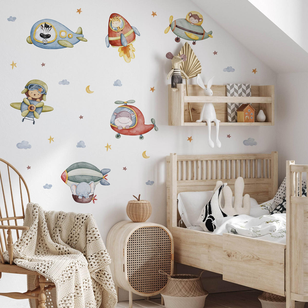 STICKER SET für Kinder Wilde Tiere Sterne Monde Wolken 60x30 - Gelb/Rot, Papier (60/30/1cm) - Muralo