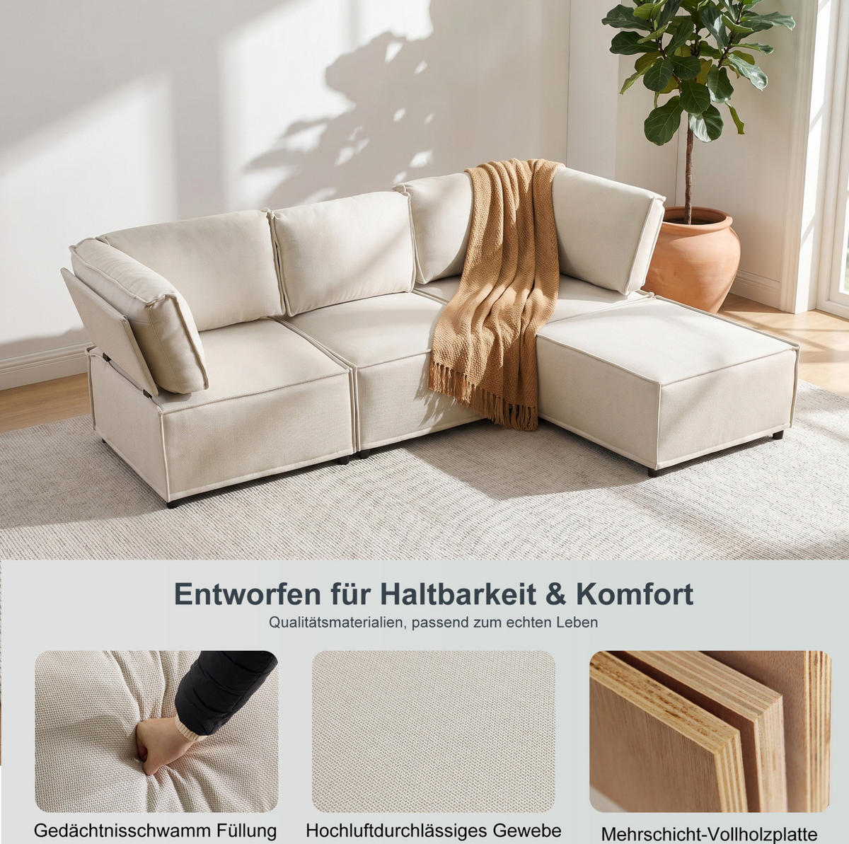 SOFA modular frei kombinierbar Beige - Beige, Holz (154/238cm) - Meubliv