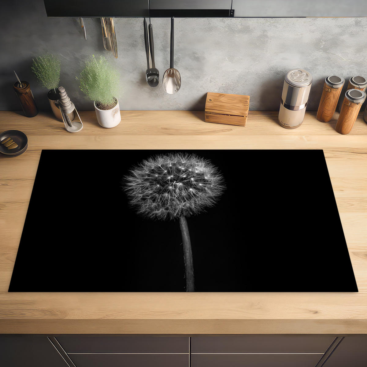 HERABDECKPLATTE - Löwenzahn - Schwarz - Floral - Botanisch - 90x50 - Grau, Kunststoff (90/50/0.2cm) - MuchoWow