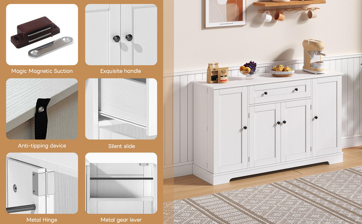 SIDEBOARD aus MDF in Weiß mit Schublade, Doppeltürfach und verstellbaren Einlegeböden, 138/40/85 cm, Weiß - Weiß, Holzwerkstoff (138/85/40cm) - Redom