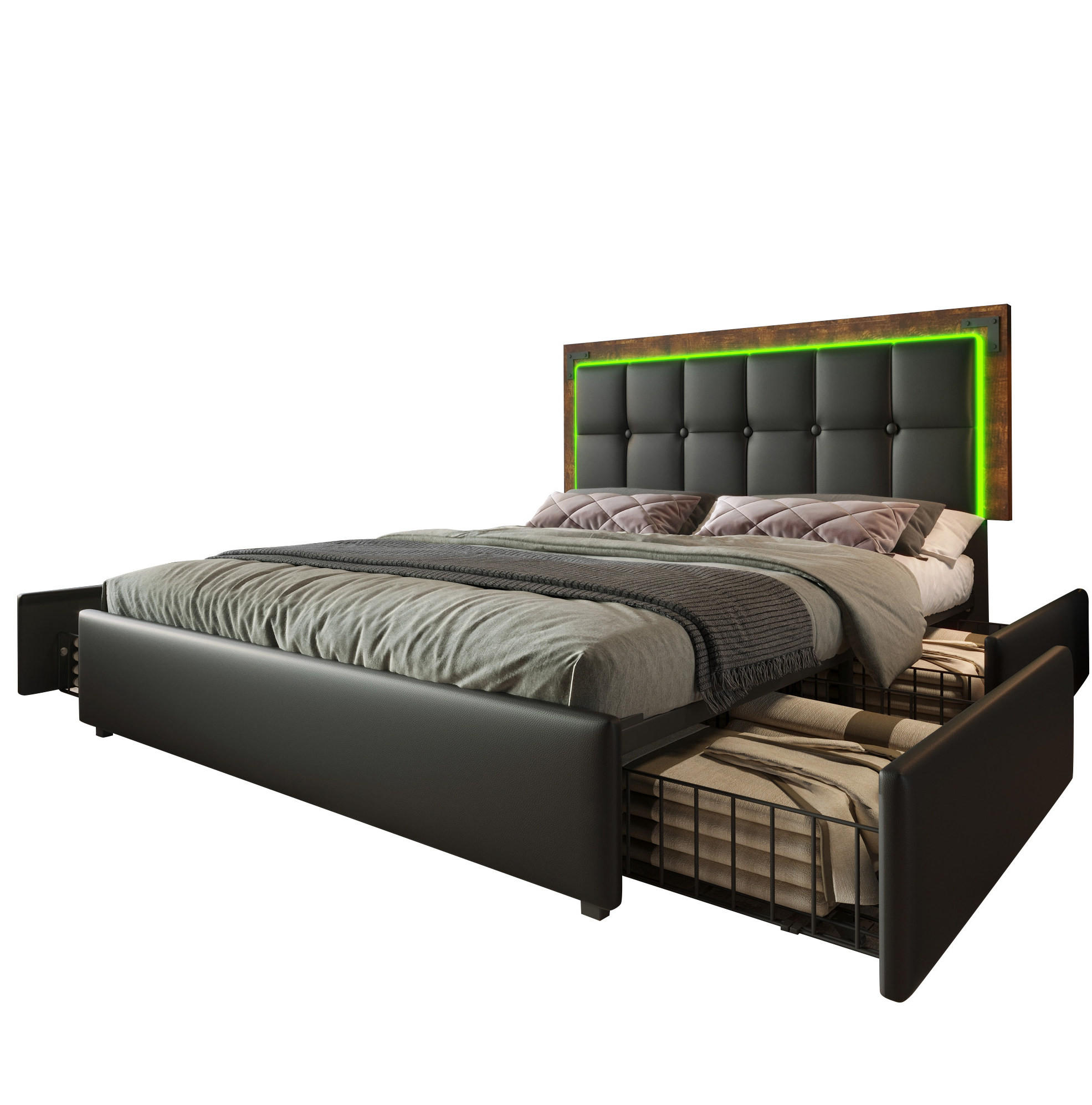 POLSTERBETT 140/200 cm Schwarz mit LED-Beleuchtung und verstellbarem Kopfteil - Schwarz, Kunststoff (140/200cm) - OKWISH