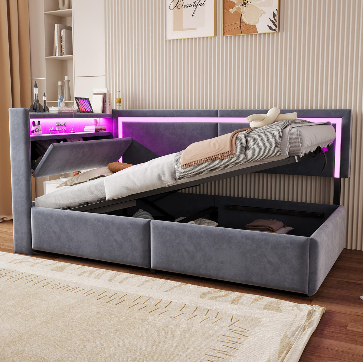 SCHLAFSOFA aus Samt 90x200 cm Grau mit Bettkasten, LED-Beleuchtung und USB-Anschlüssen - Grau, Textil (90/200cm) - IVMEU