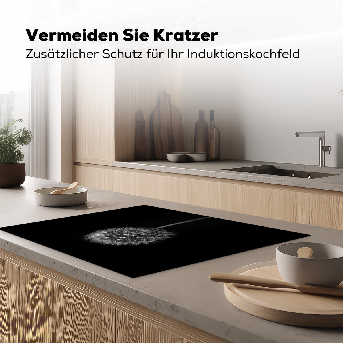 HERDABDECKPLATTE Löwenzahn - Schwarz - Floral - Botanisch Induktionsmatte 77x59 cm - Grau, Kunststoff (77/59/0.2cm) - MuchoWow