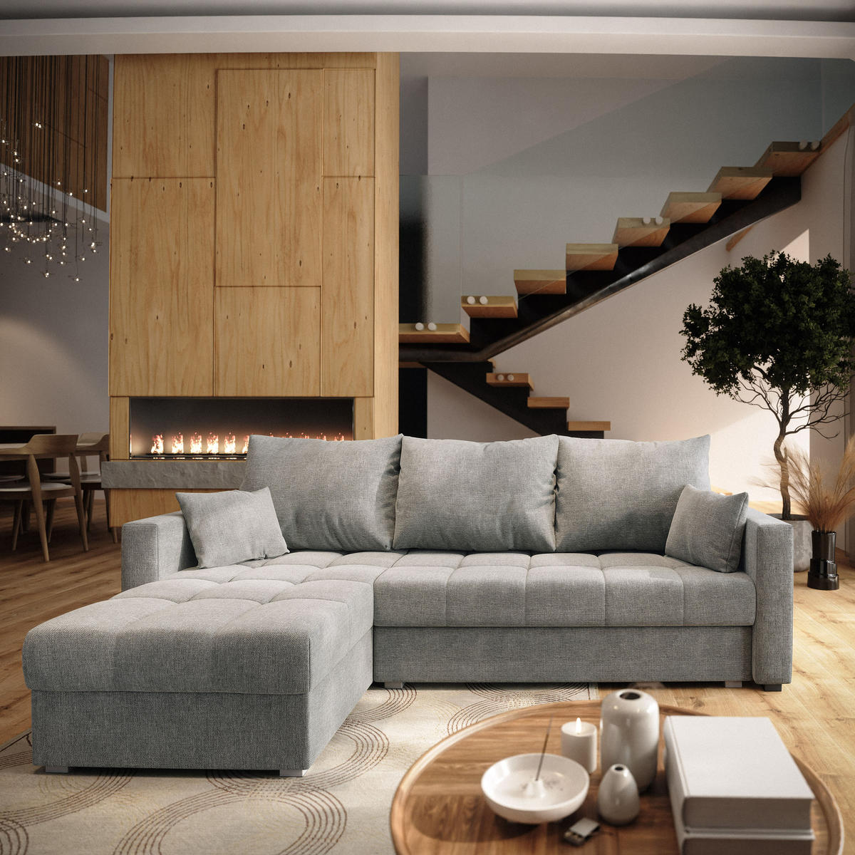 ECKSOFA NIDA Hellgrau Geflochtener Stoff mit Schlaffunktion - Hellgrau, Holz (220/143cm) - MASSENO