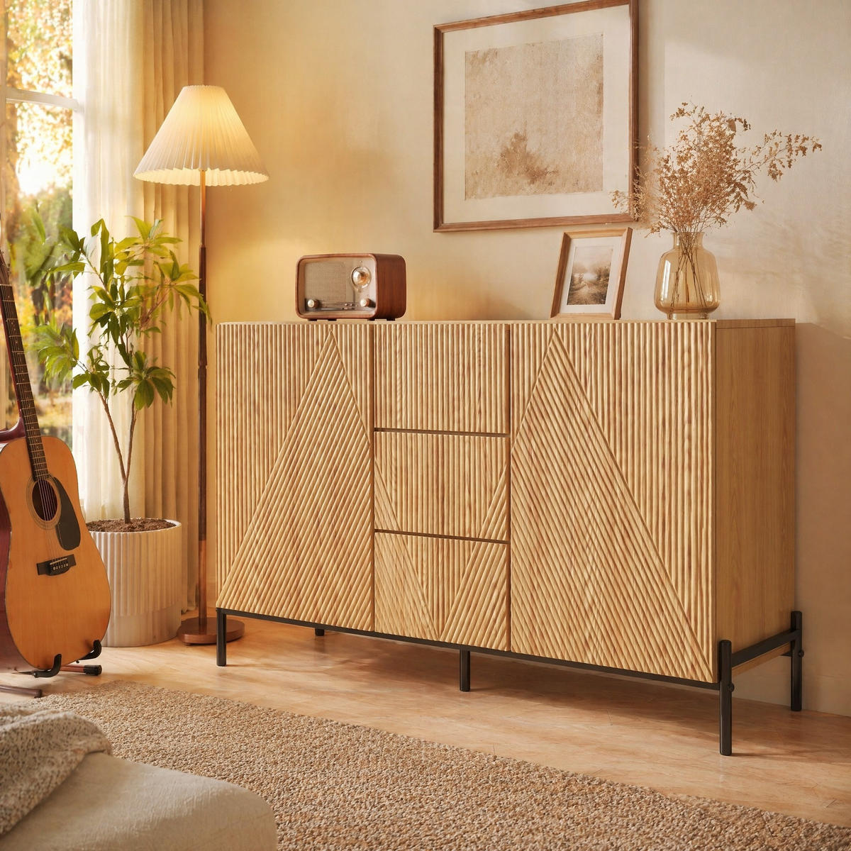 SIDEBOARD in Naturfarben Kommode mit geometrischer Struktur, Doppeltüren und Schublade für Esszimmer, B115.5/T40/H76cm - Schwarz/Naturfarben, Holzwerkstoff/Metall (115.5/76/40cm) - STILVORA