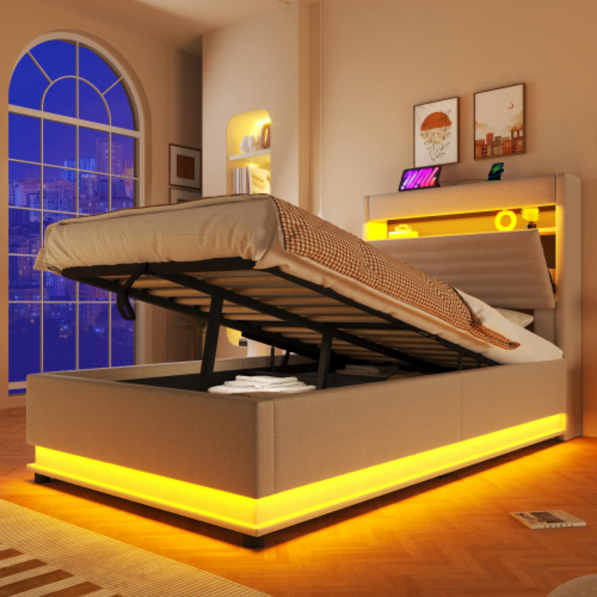 POLSTERBETT beige 218×92,5×113 cm aus Leinen-Stoff mit Hydraulik-Stauraum, doppelte LED-Leisten - Beige, Textil (90/200cm) - Luhomfu