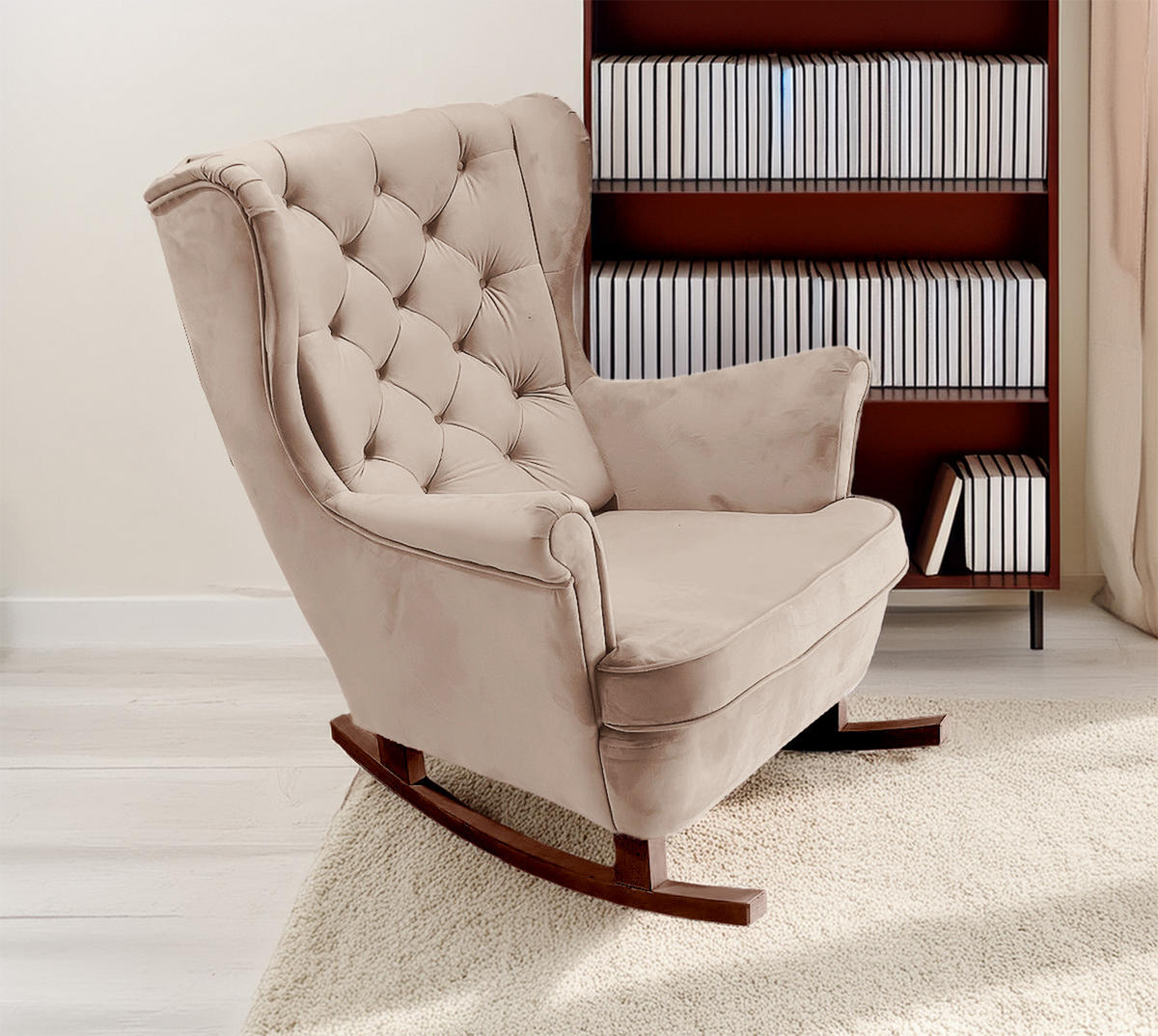 SCHAUKELSESSEL mit gepolstertem Sitz und Armlehnen, 102x81x95 cm, Cappuccino_29812 - Ecru/Braun, Holz/Textil (81/102/95cm) - DomoHome