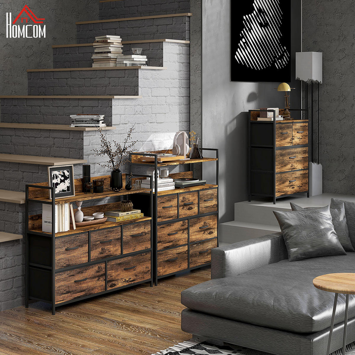 KOMMODE aus Stoff mit 7 Schubladen, Rustikal-Braun - Braun, Textil (79/101/29cm) - HOMCOM