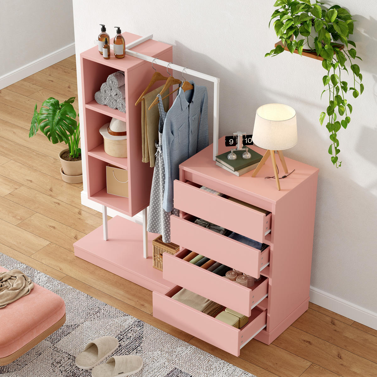 KLEIDERSCHRANK Rosa Set Sideboard Kleiderstange 140cm Modern - Pink, Holzwerkstoff (140/135/40cm) - FLIEKS