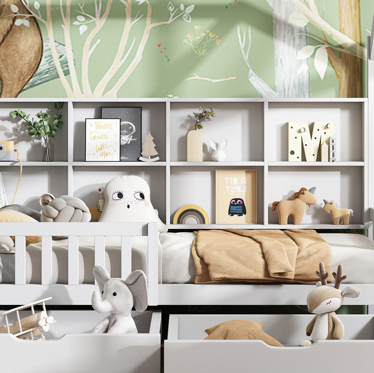 HAUSBETT 90/200 cm Weiß aus Kiefer mit Regal, 2 Schubladen und Rausfallschutz - Weiß, Holz (90/200cm) - Flora Grace