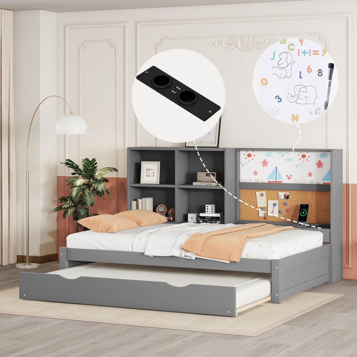BETT 90/200cm mit ausziehbarem Rollbett und USB-Ladeanschluss Grau - Grau, Holzwerkstoff (90/200cm) - OKWISH