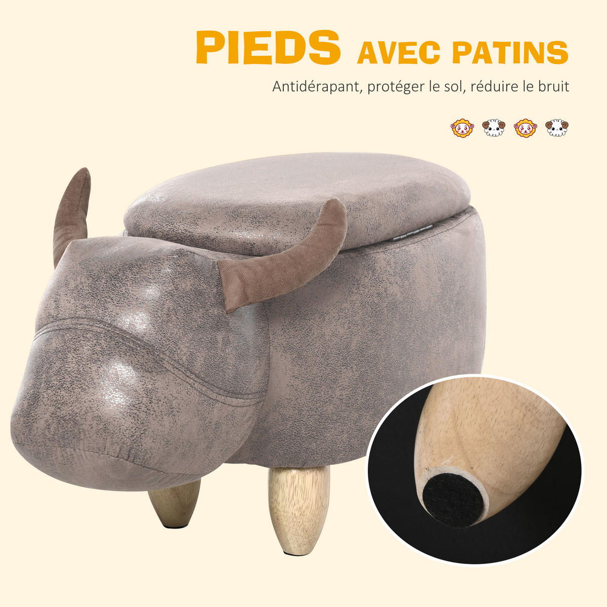 POUF DE-16365 mit Stauraum und Tierkopf-Design Braun - Braun, Textil (35/36/62cm) - ComfortXL
