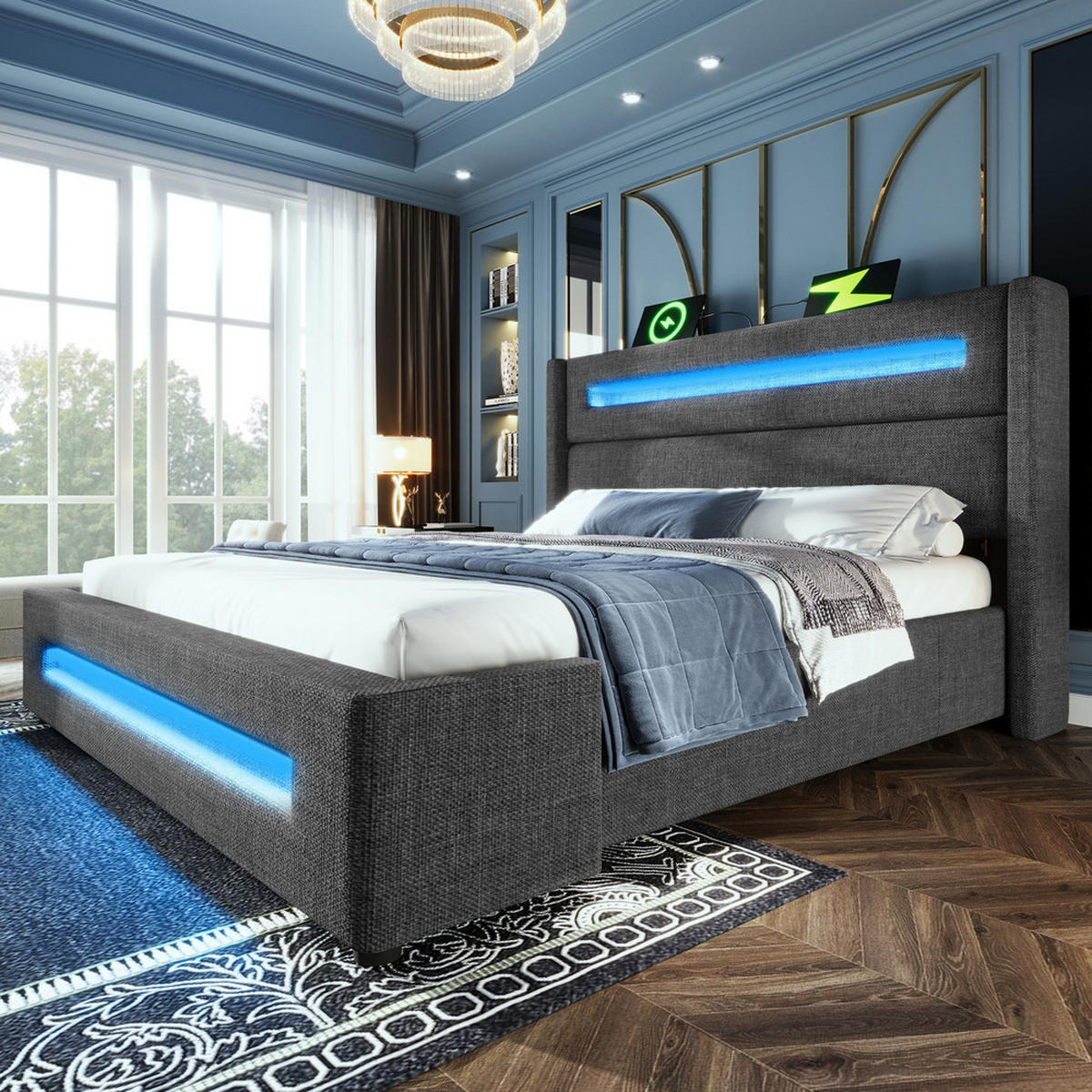 DOPPELBETT 160X200 cm mit LED USB Typ C - Grau, Holz (160/200cm) - FLIEKS