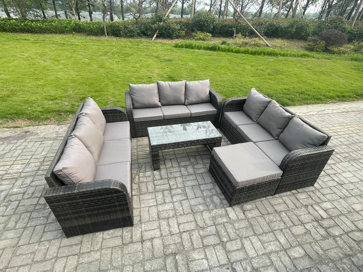 GARTENSOFA SET mit rechteckigem COUCHTISCH Polyrattan 10-Sitzer Dunkelgrau - Dunkelgrau/Grau, Glas/Kunststoff - Fimous