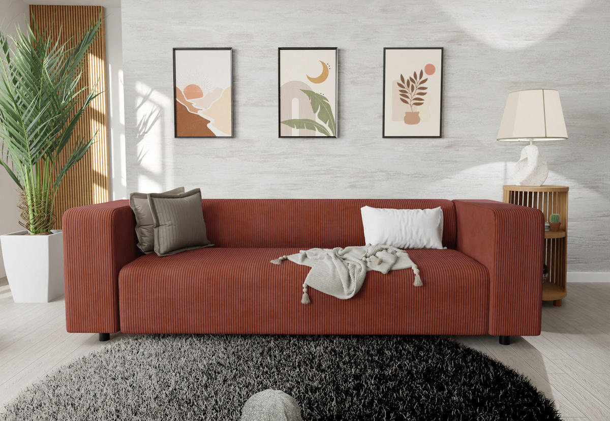 SITZGARNITUR 3+2+1 Tove Terrakotta Cord - Terra cotta/Schwarz, Holz/Kunststoff (175/65/80cm) - S-Style Möbel