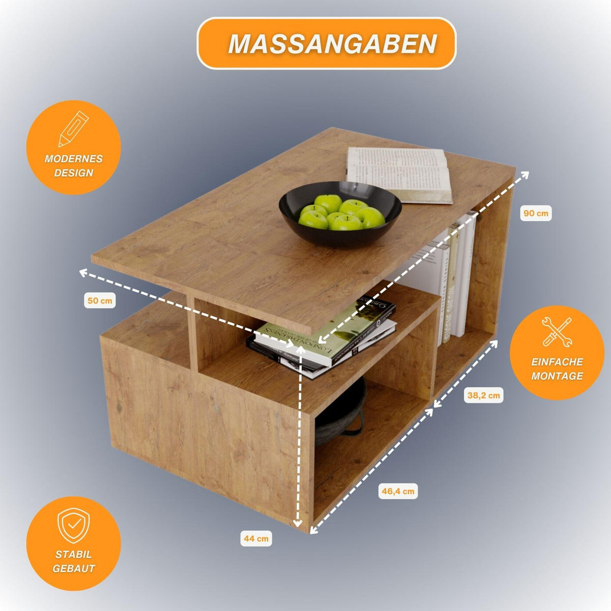 COUCHTISCH Holzwerkstoff rechteckig stabil Retro 44/50/90cm - Nussbaumfarben, Holzwerkstoff (50/90/44cm) - CraftPAK