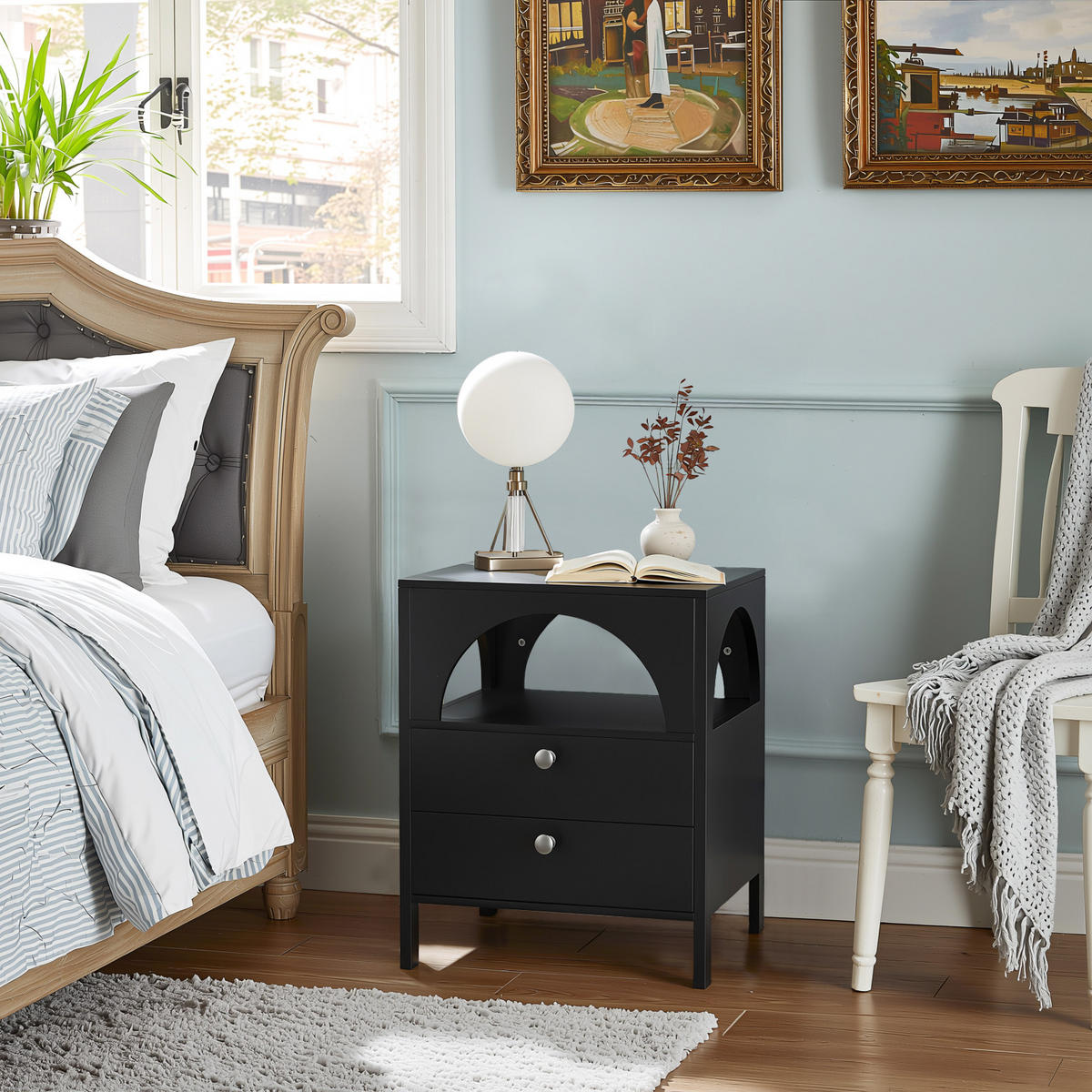 NOČNÍ STOLEK černý 45 cm se 2 zásuvkami a otevřenou přihrádkou - černá, kompozitní dřevo (45/58/40cm) - Urban Meuble