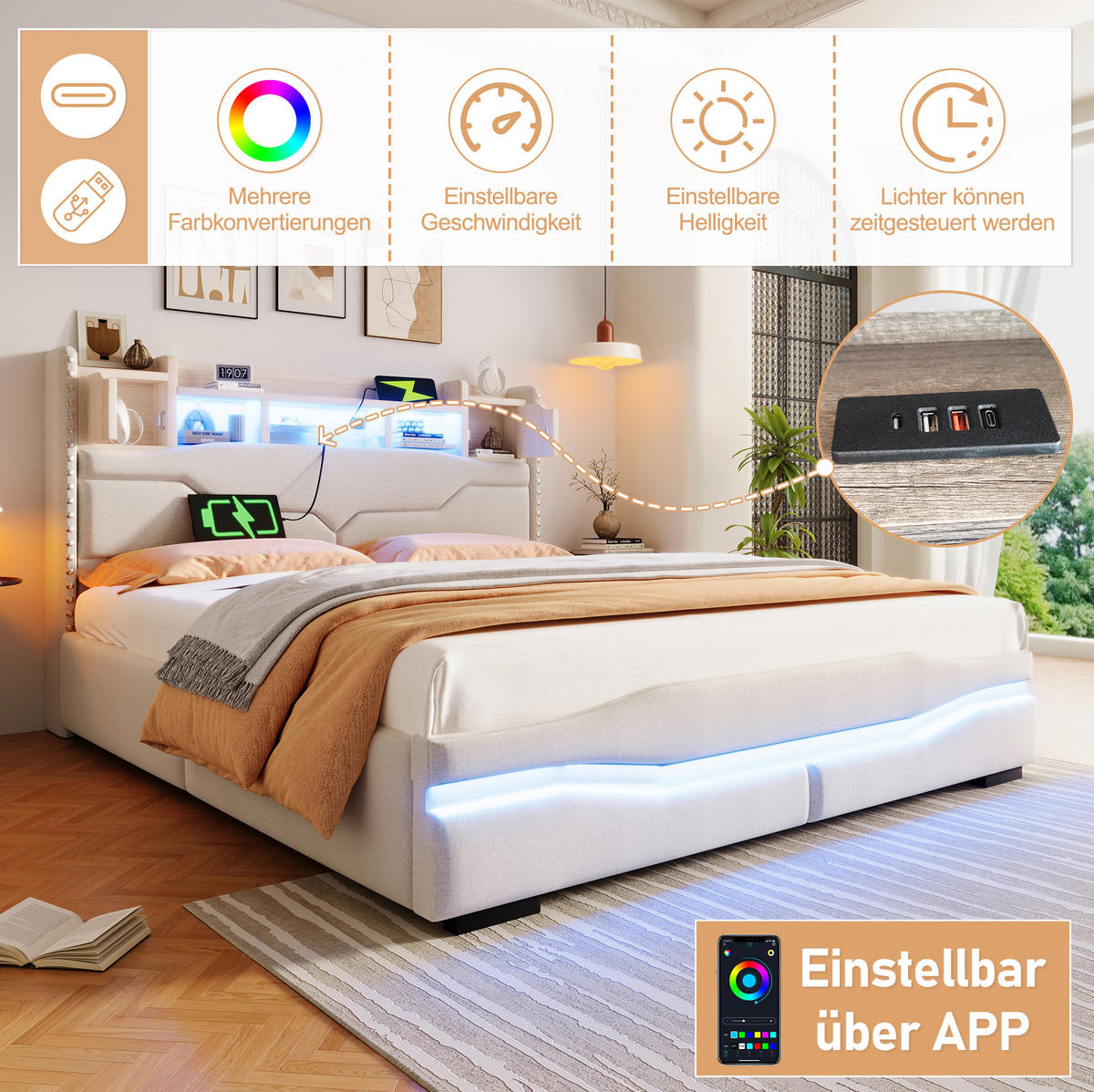 POLSTERBETT 160/200 cm Beige aus Leinen mit LED-Beleuchtung und Stauraum - Beige, Textil (160/200cm) - OKMYHOME