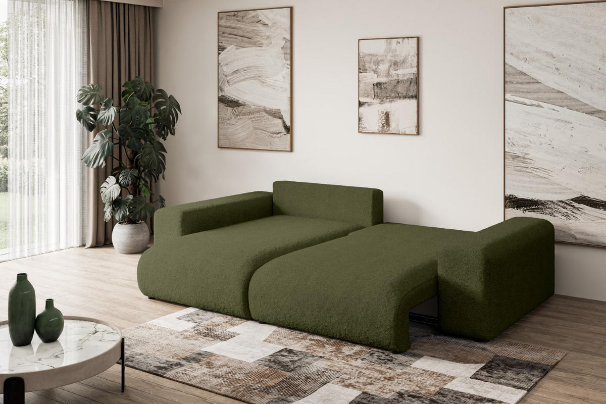 ECKSOFA mit Schlaffunktion und Bettkasten ESKAR-L 256x165x84cm Grün Bouclé - Schwarz/Grün, Holzwerkstoff/Kunststoff (165/256cm) - ALTDECOR