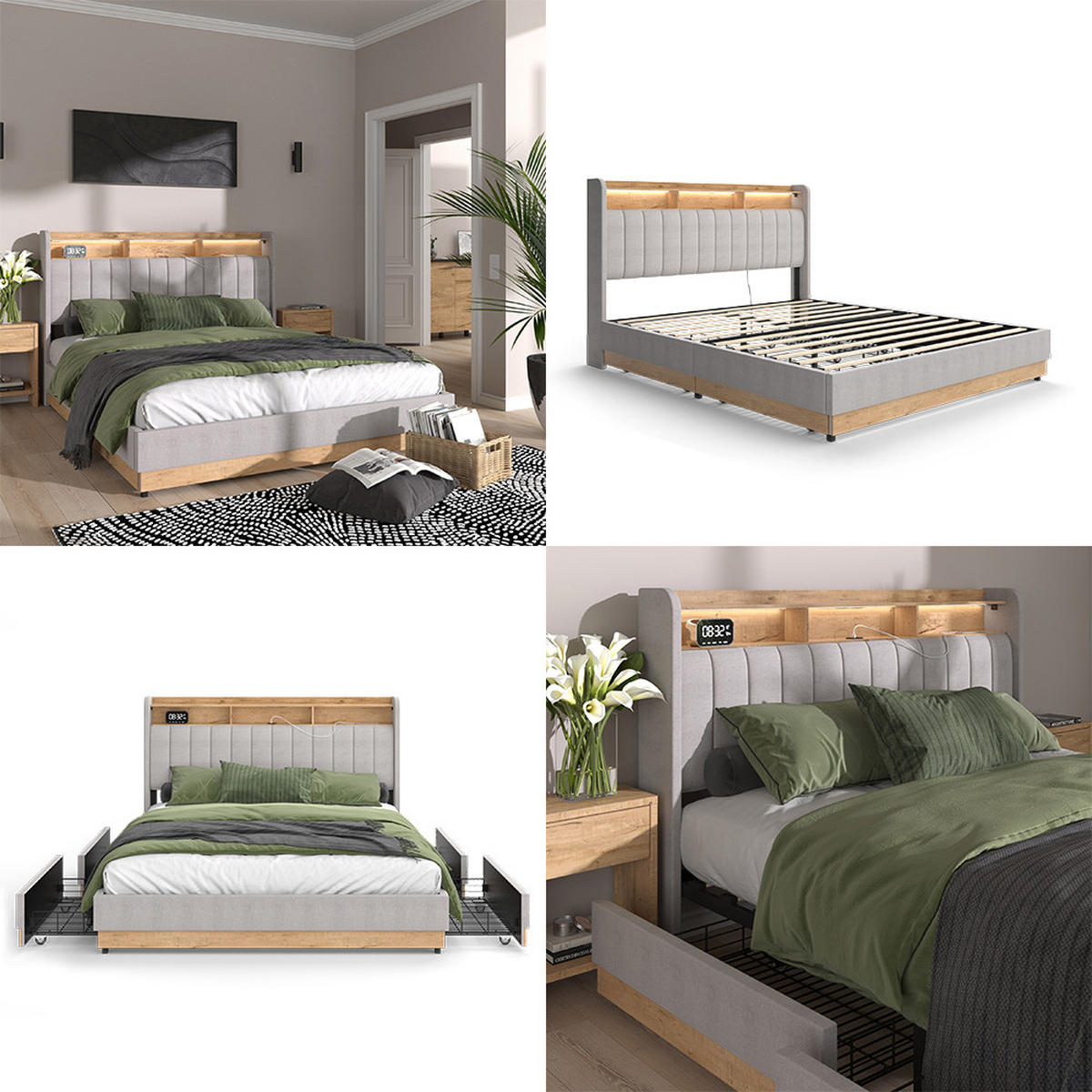 POLSTERBETT Nura Grau 160x200 cm mit 4 Schubladen - Grau, Holzwerkstoff - VitaliSpa