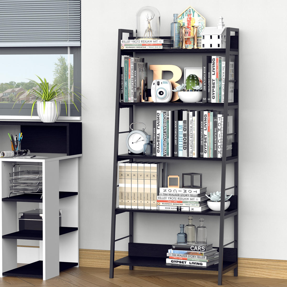 BÜCHERREGAL,GENEIGT 5 Niveaux 70x35x150cm,schwarz - Schwarz, Holzwerkstoff (70/150/35cm) - Vallsero