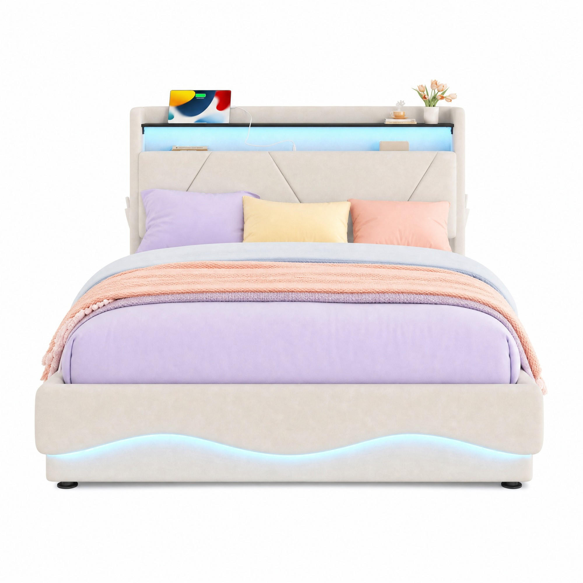 POLSTERBETT 160/200 mit LED, Bettkasten, USB-C, Seitentaschen und Lattenrost - Dunkelgrau, Holzwerkstoff/Textil (160/200cm) - EVRYAE