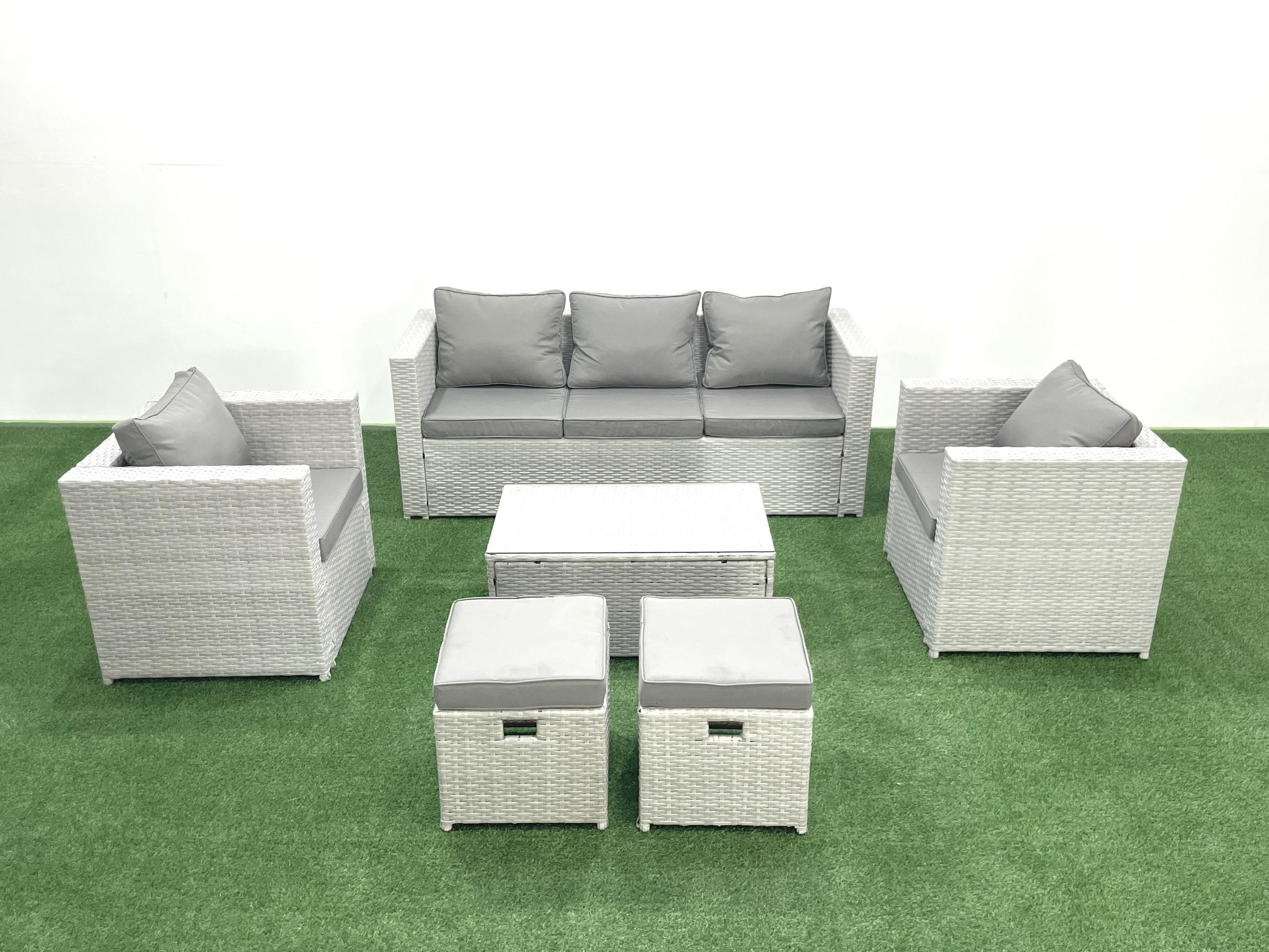 GARTENMÖBELSET mit 3-SITZER SOFA,COUCHTISCH Polyrattan Hellgrau-Mix 7-Sitzer - Hellgrau/Grau, Glas/Kunststoff - Fimous