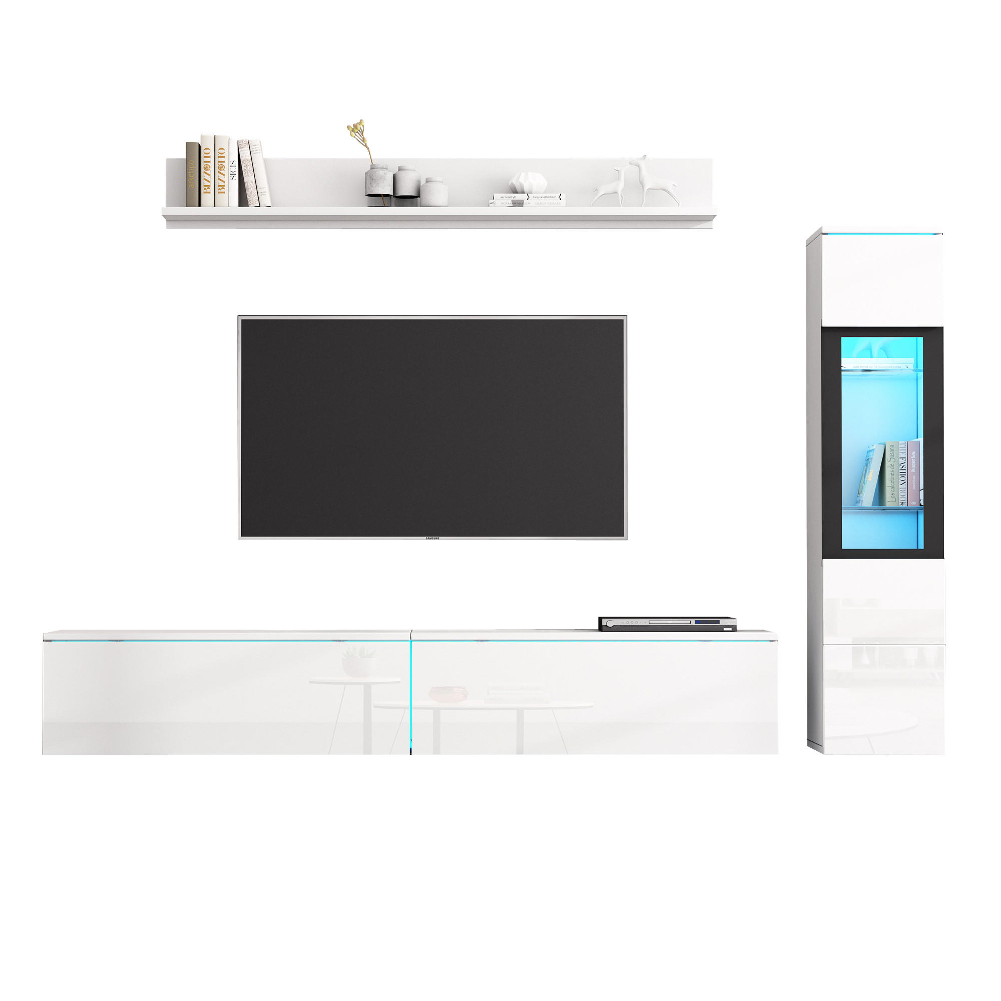 STILVORA OBÝVACÍ STĚNA bílá, sestava s LED osvětlením, do obývacího pokoje, 180×30×130 cm