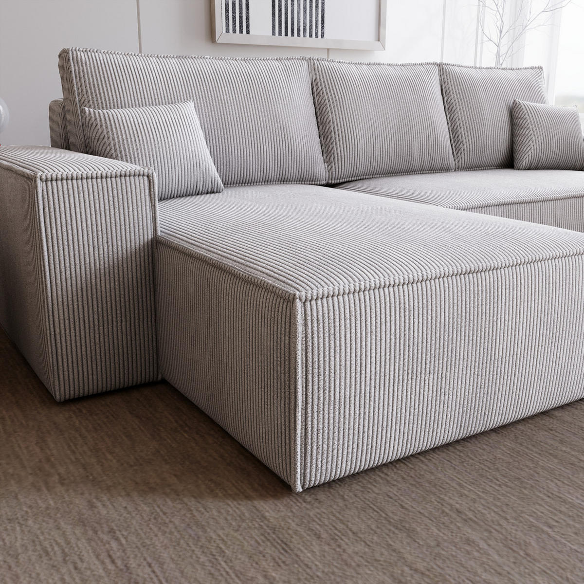 ECKSOFA Bergamo L mit Cordstoff, 280 cm, Schlaffunktion, Links - Hellgrau - Hellgrau, Holz (277/189cm) - Emporius