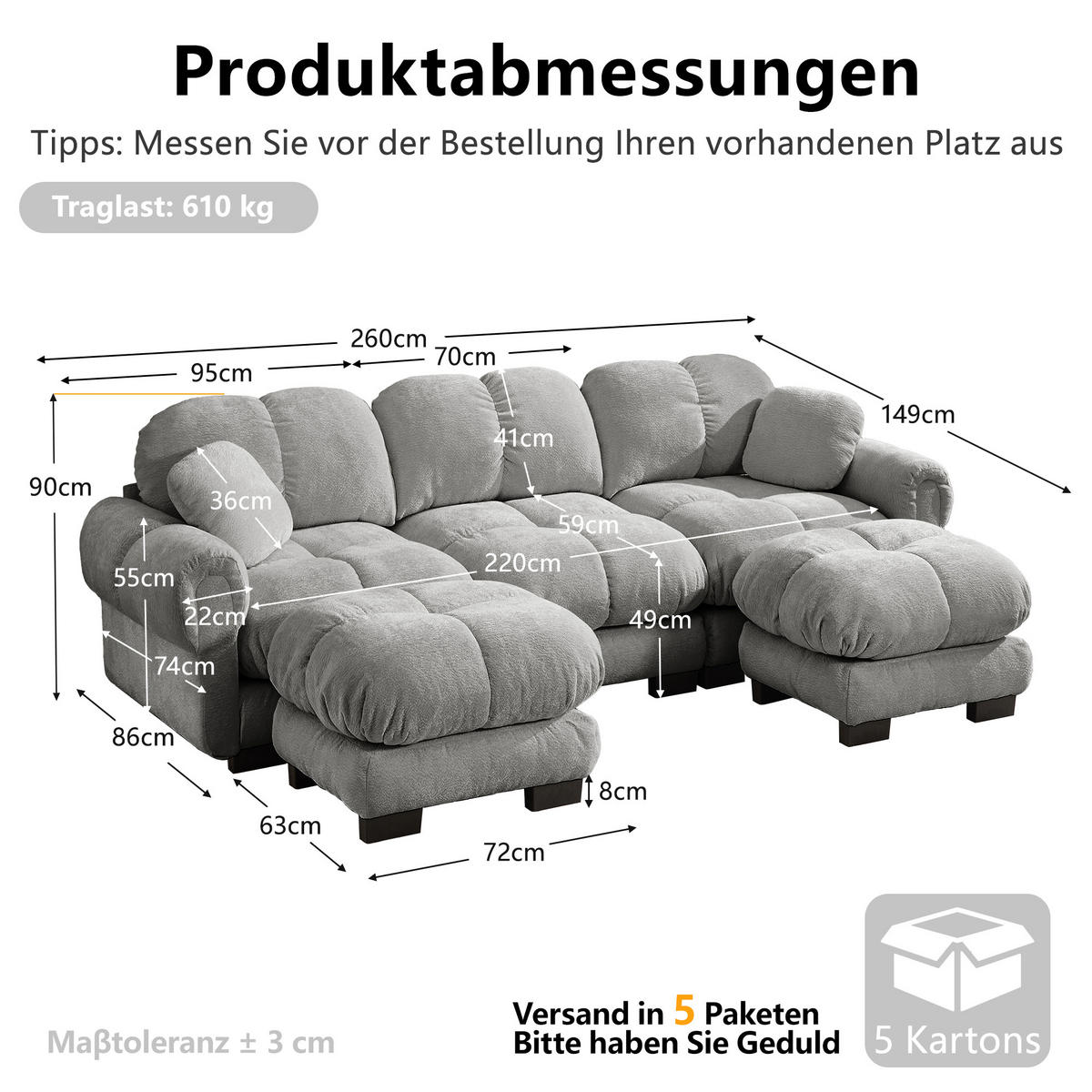 WOHNLANDSCHAFT DE-34384 U-Form mit Ottoman und Steppdesign Hellgrau - Hellgrau, Textil (149/90/260cm) - ComfortXL