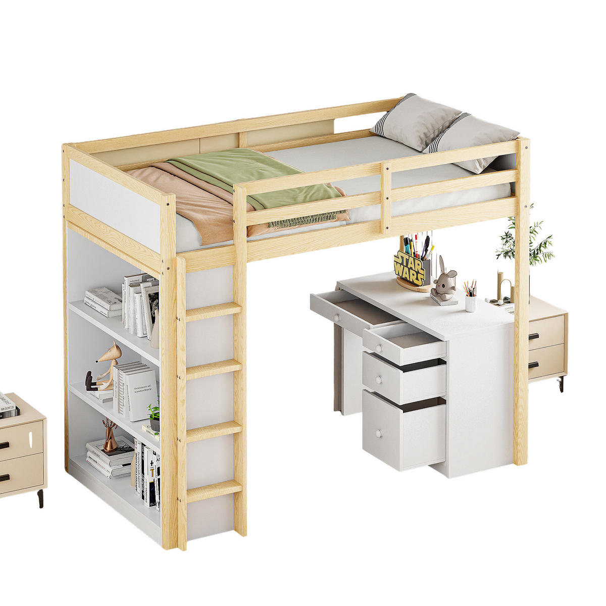 HOCHBETT 90/200 cm aus Holz mit Stauraum und Computertisch mit Matratze - Naturfarben, Holz (90/200cm) - OKWISH