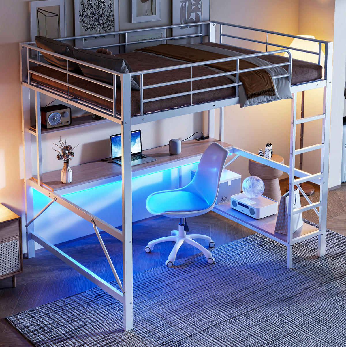 HOCHBETT 140/200 cm mit Schreibtisch, Regal, USB, Steckdose und LED-Beleuchtung aus Metall/MDF, Weiß - Weiß, Metall (140/200cm) - Redom
