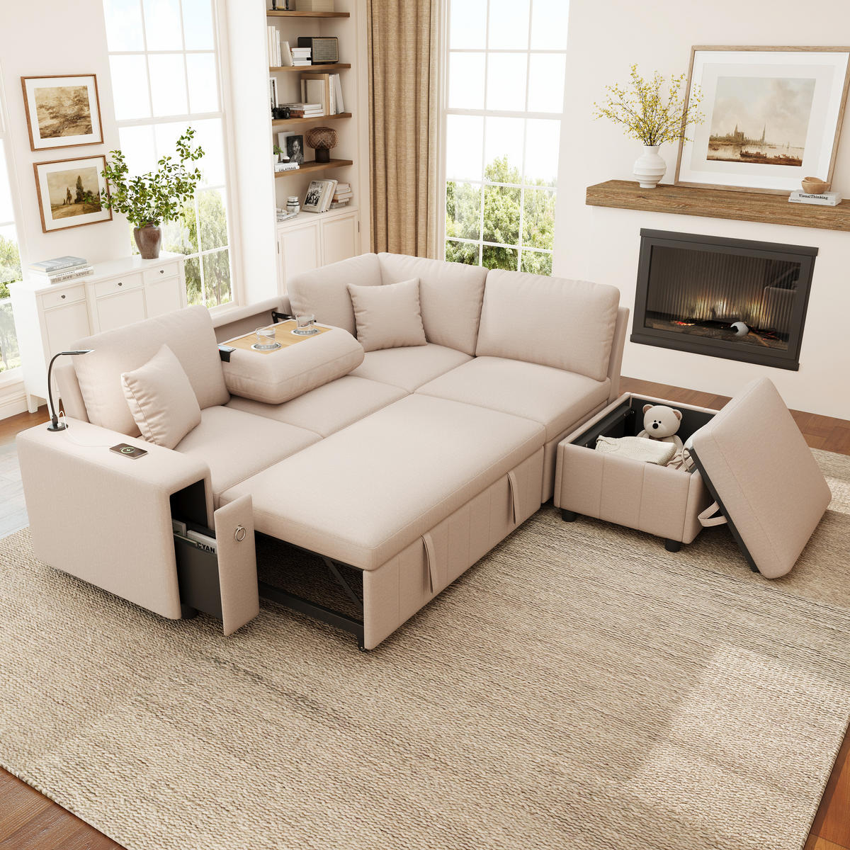 SCHLAFSOFA Beige L-Form USB Stauraum Tisch 2 Kissen - Beige, Textil (184/213cm) - FLIEKS