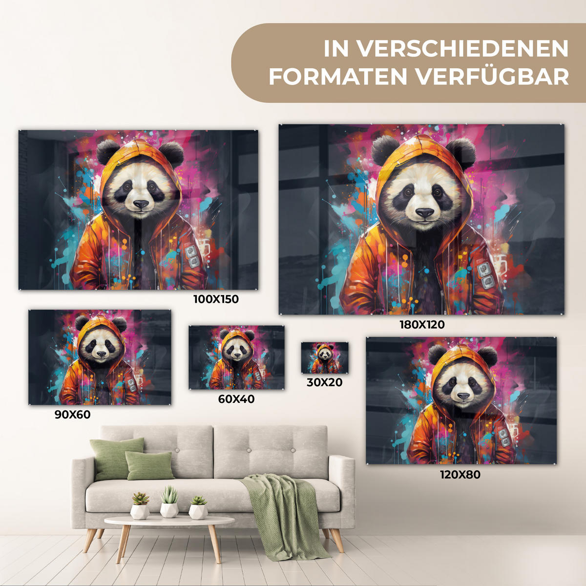 ACRYLGLASBILD Panda - Jacke - Graffiti - Orange 90x60 cm - Orange, Glas (90/60cm) - MuchoWow