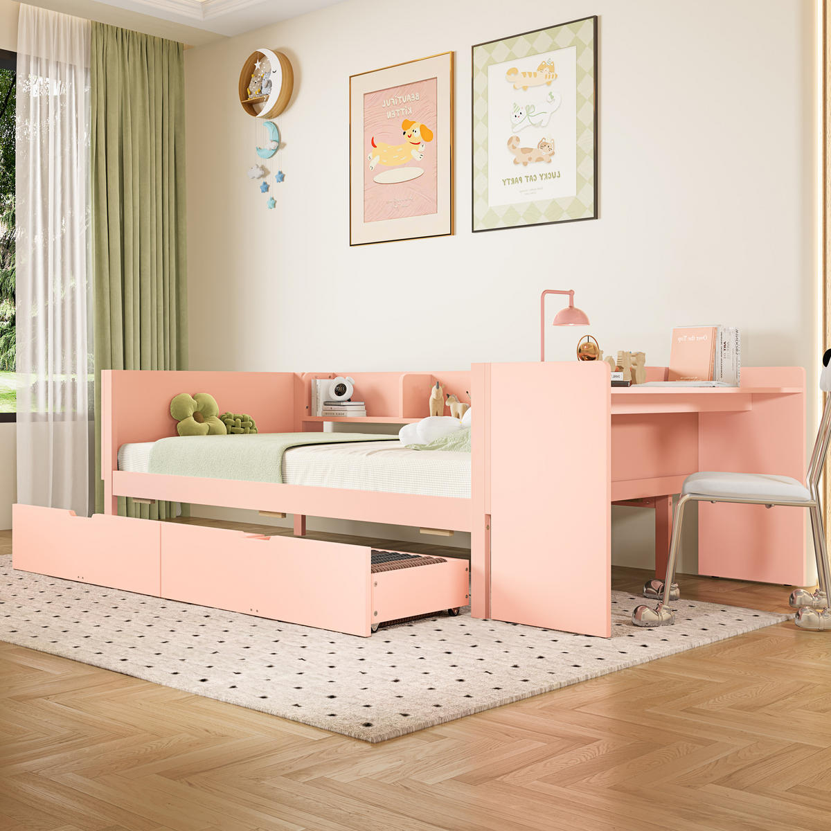 JUGENDBETT 90/200 cm in Rosa mit 2 Schubladen, Schreibtisch und Regal - Rosa, Holz/Holzwerkstoff (90/200cm) - WISHDOR