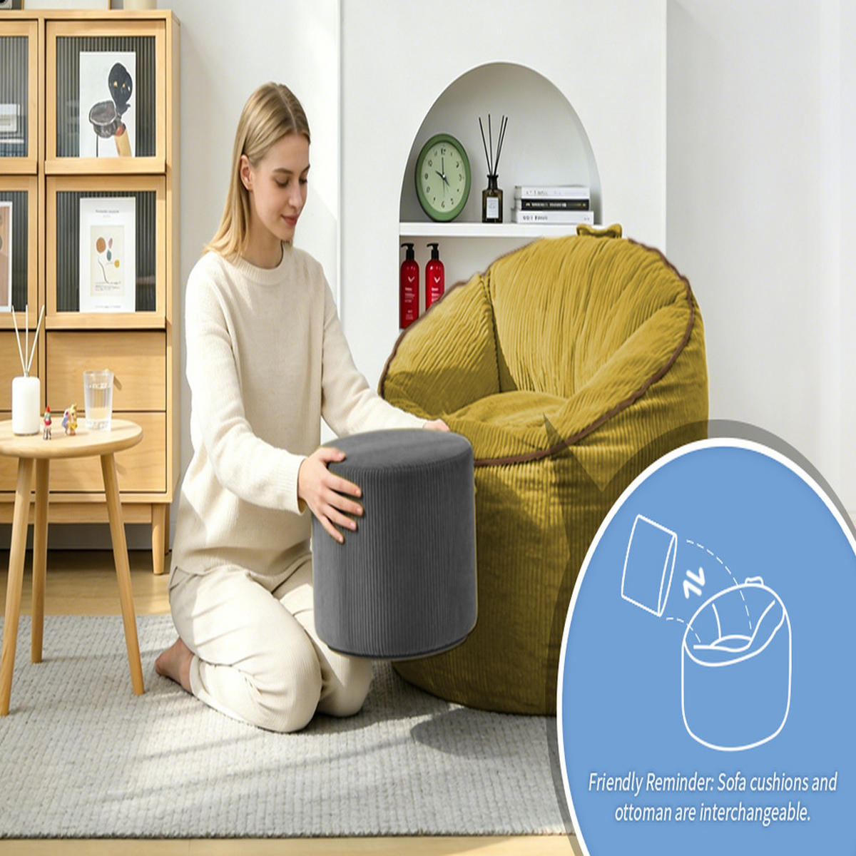 SITZSACK 103 x 95 x 80 cm mit Fußhocker - Gelb, Textil (95/35.5/103cm) - Raelunyi