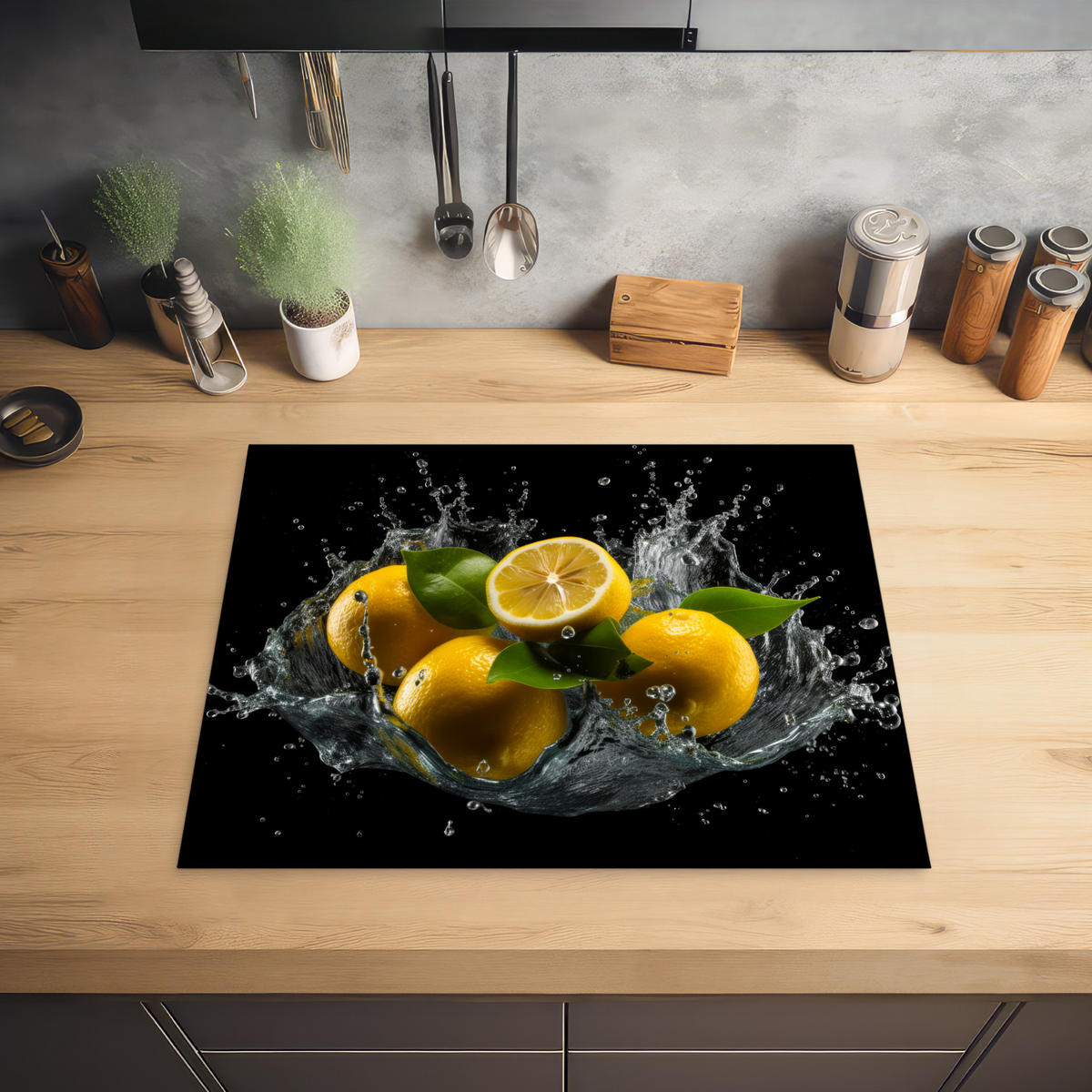 HERABDECKPLATTE - Zitrone - Obst - Gelb - Schwarz - 65x55 - Gelb, Kunststoff (65/55/0.2cm) - MuchoWow