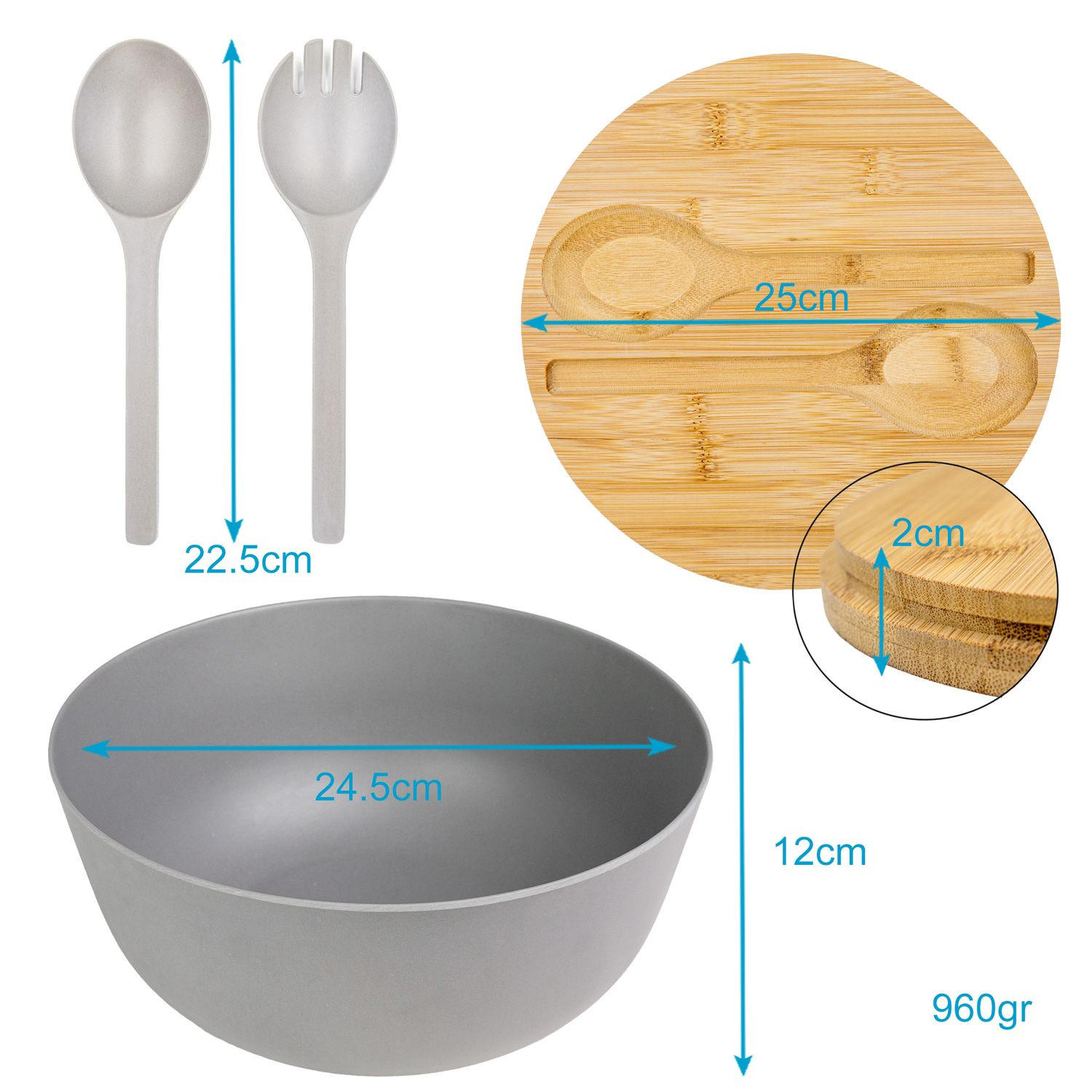 SALATSCHÜSSEL mit Besteck - Grau, Kunststoff (24.5cm) - Intirilife