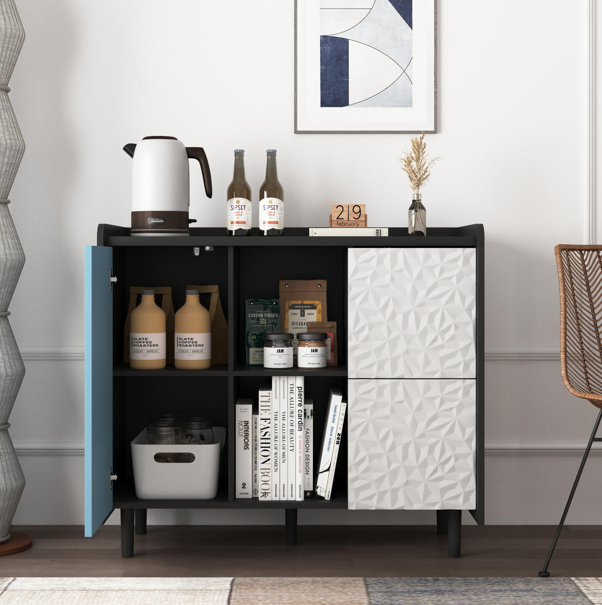 SIDEBOARD aus MDF 40x90x80 cm Schwarz/Blau mit 2 Schubladen, offenem Stauraum und Schrankfach - Schwarz, Holzwerkstoff (90/80/40cm) - Modfu