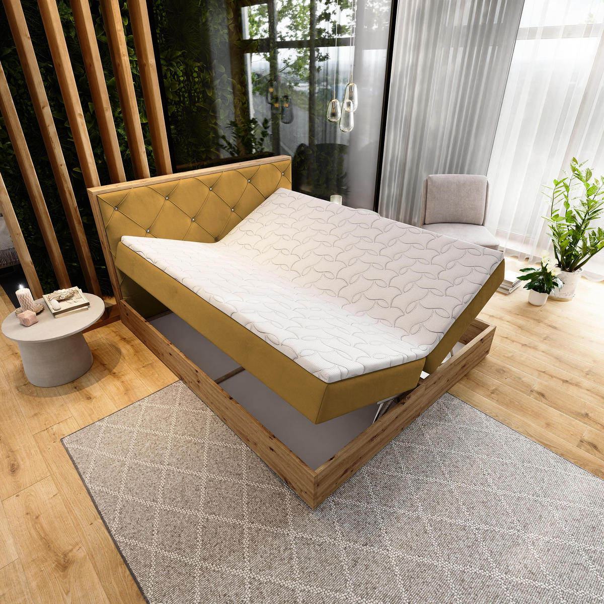 BOXBETT FOSCO 180x200 cm mit Matratze und Topper - Gelb - Gelb, Holz (180/200cm) - MASSENO